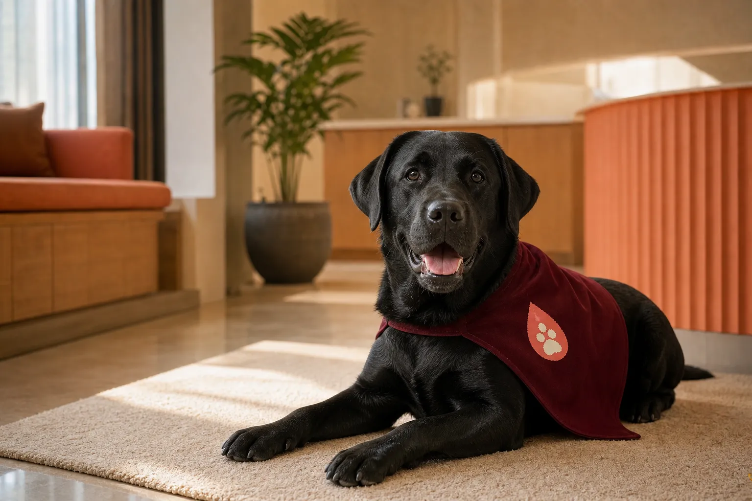 Bruno, a Labrador Retriever, wearing Mumbai Vet CritiCare donor colours