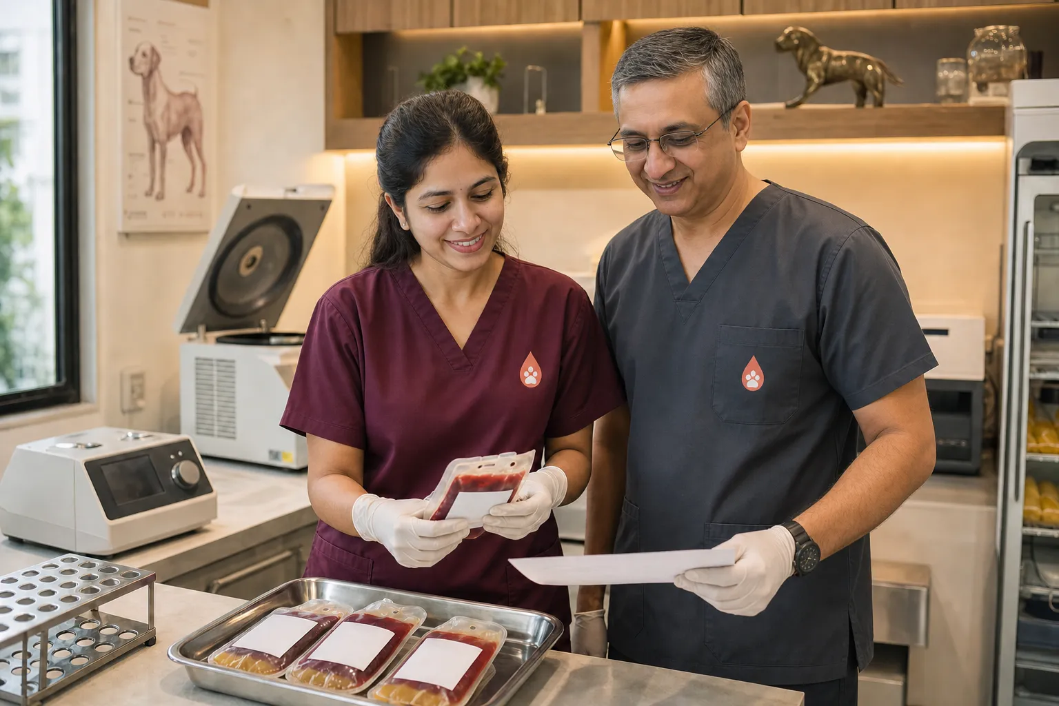 A Mumbai Vet CritiCare veterinary professional reviewing a canine donor sample in a warmly lit laboratory