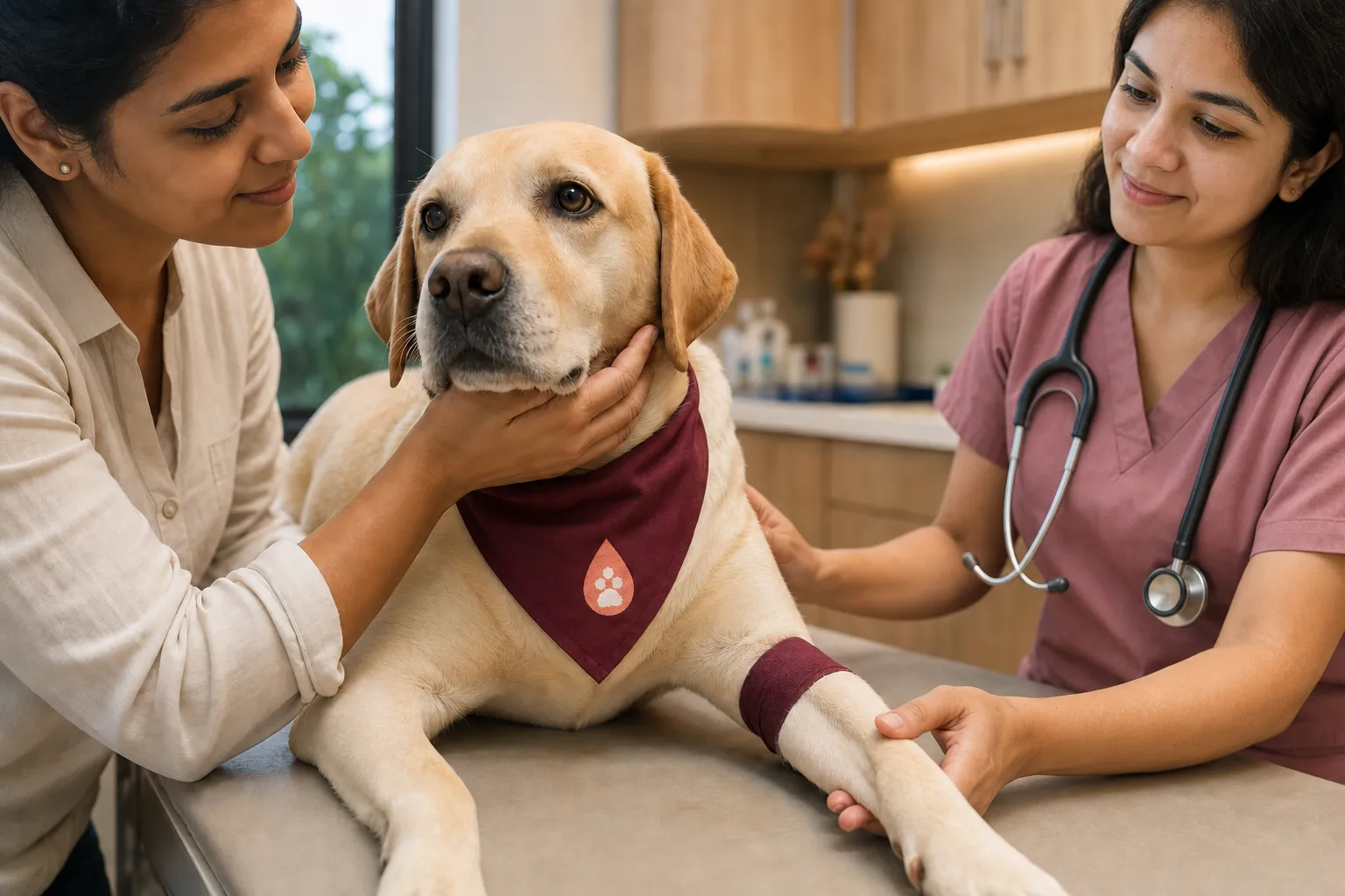 A relaxed Mumbai Vet CritiCare donor dog wearing a branded cape during a calm veterinary visit