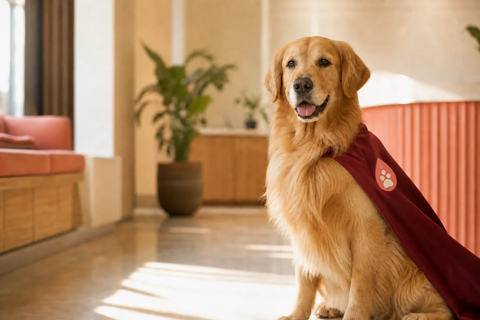 A calm golden retriever donor resting beside a veterinary nurse