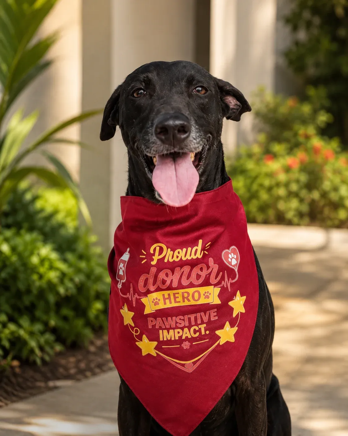 Kali, a canine donor who has donated once, wearing a donor hero bandana for guardian Prashant