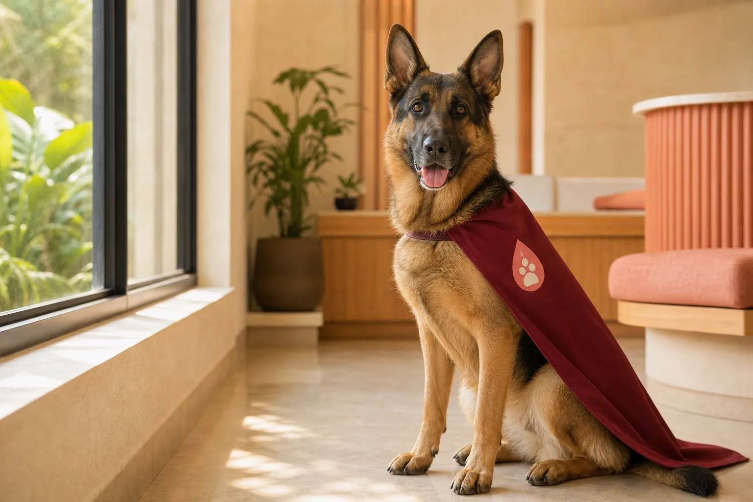 Kira, a German Shepherd, wearing Mumbai Vet CritiCare donor colours