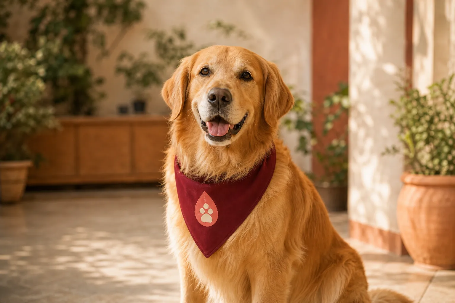 Milo, a Golden Retriever, wearing Mumbai Vet CritiCare donor colours