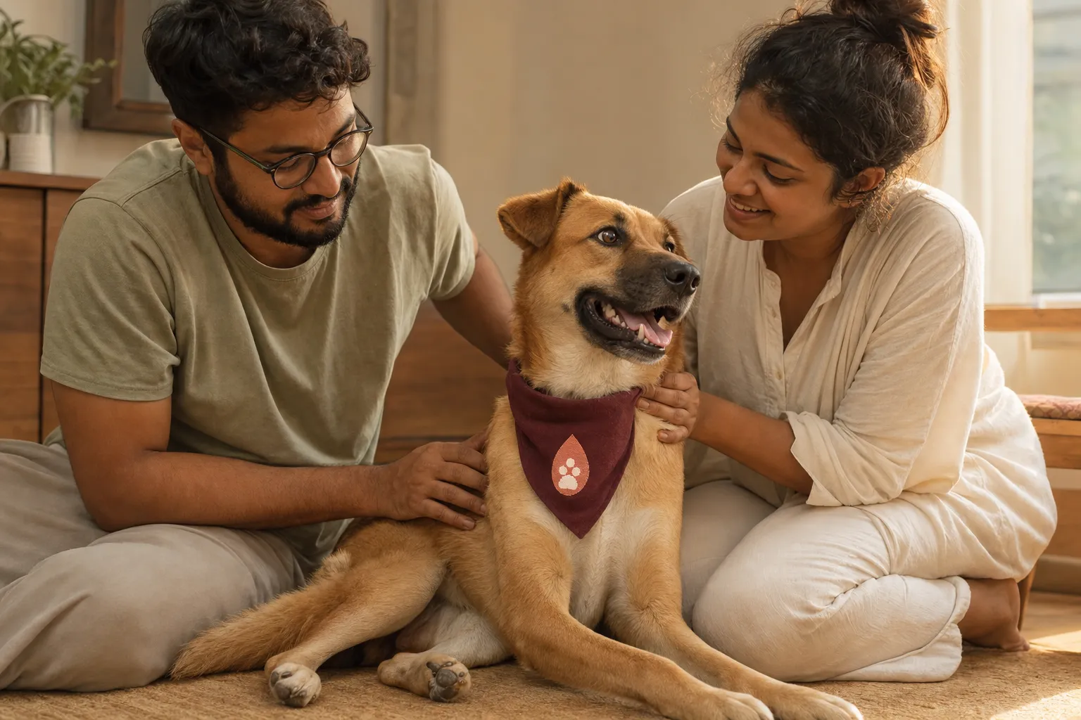 A recovering dog resting comfortably at home with a Mumbai Vet CritiCare bandana and their family nearby