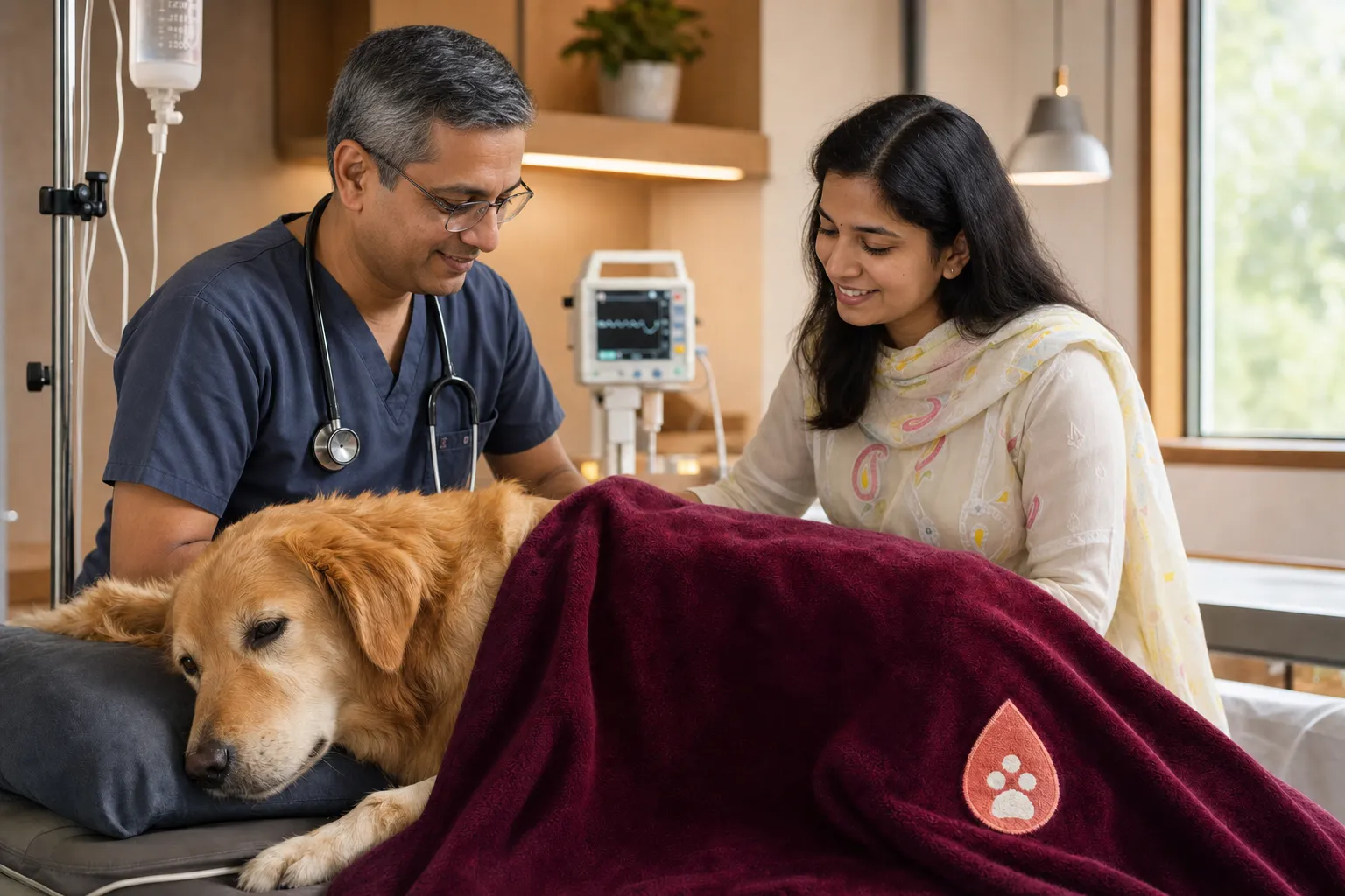 A veterinary team closely monitoring a canine patient during a Mumbai Vet CritiCare-supported transfusion