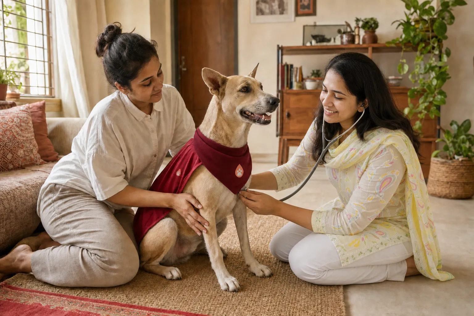 A Mumbai Vet CritiCare veterinarian meeting a calm donor dog at home while the family stays close
